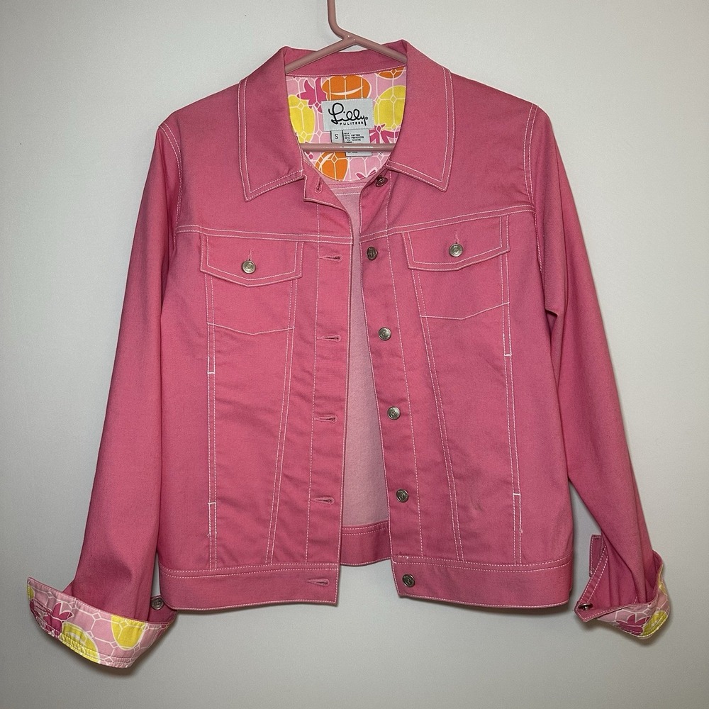 Lilly Pulitzer Pink Jacket Small Denim Jean Colorful Button Up Trucker Cotton
